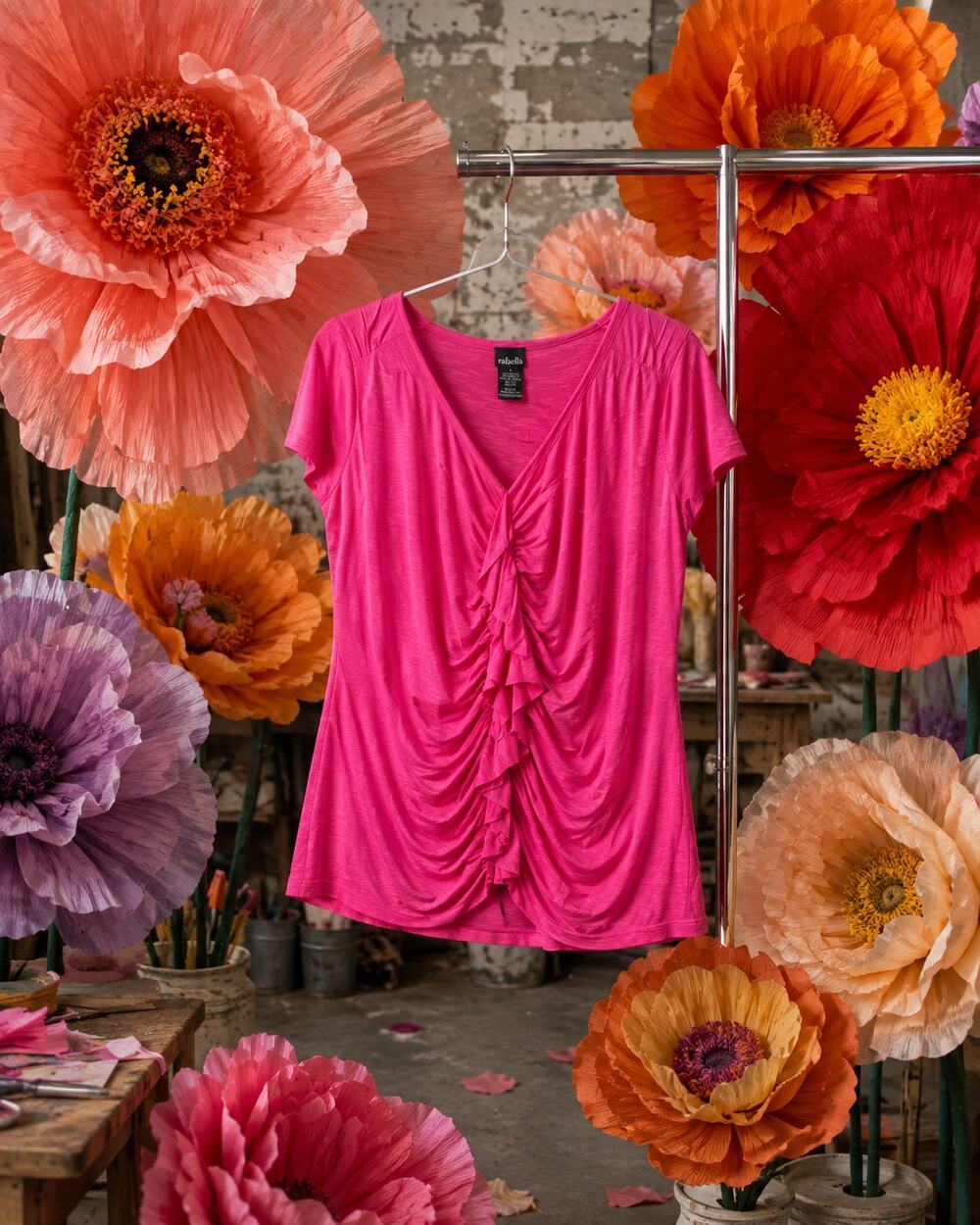 Rafaella Hot Pink Ruched Front V-Neck Short Sleeve Top Large
